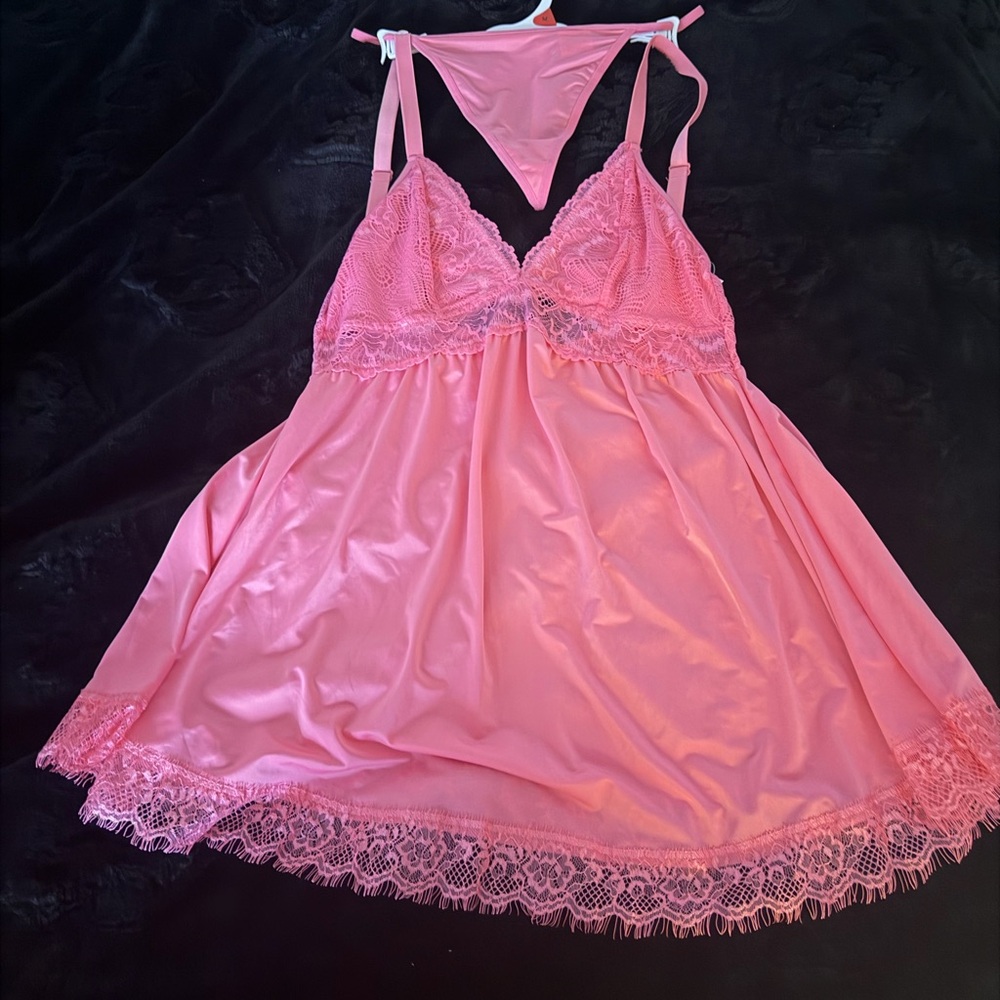 Pink Lace Trim Babydoll Set